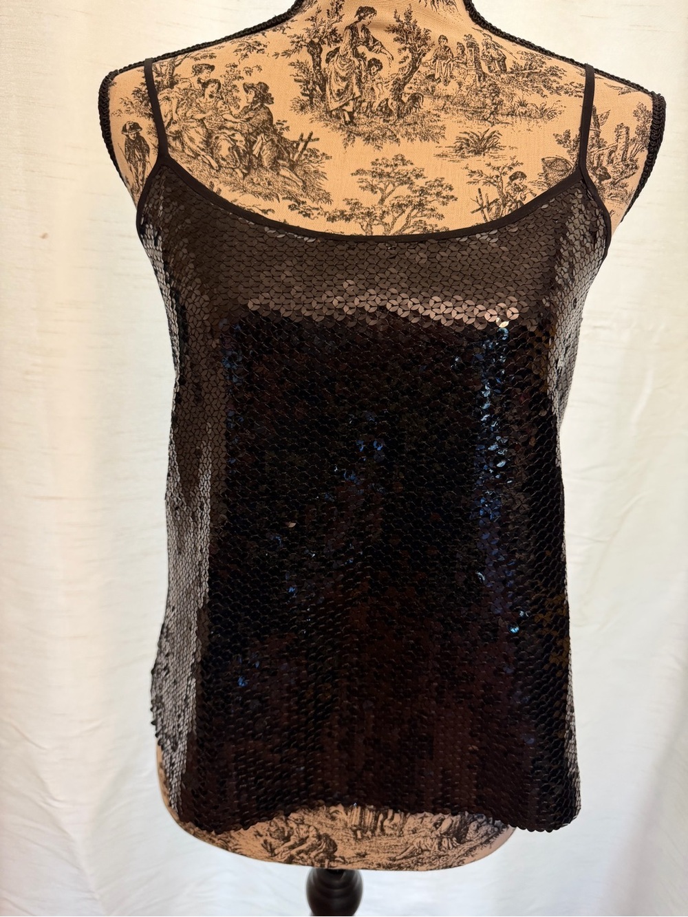 Vintage Carole Little Black Sequin Strappy Camisole 100% Silk, Size L